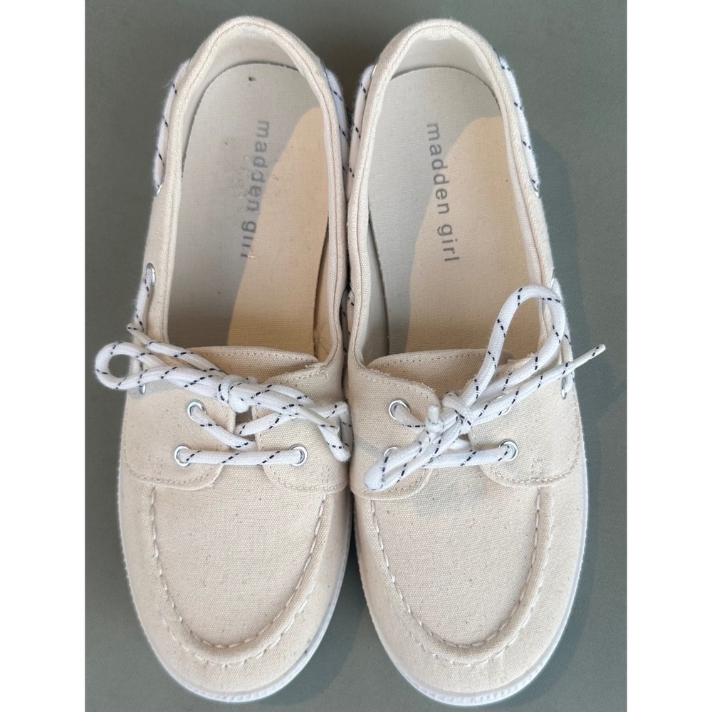 Madden Girl G-Knot Womens Cream Textile Boat Shoes Nautical Flats Size 7.5 M